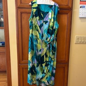 Maggy London Abstract Teal and Lime Midi Dress
